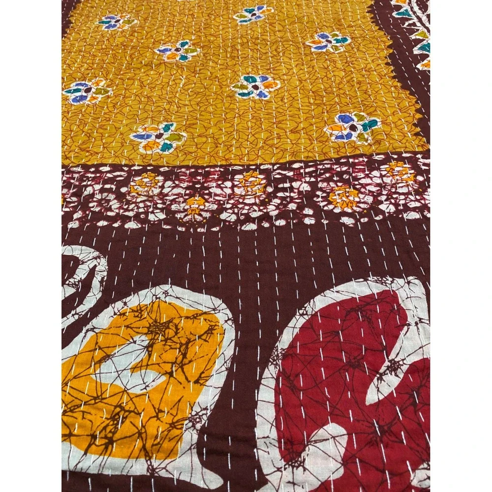 Handmade Indian Kantha Quilt Reversible Cotton Throw Blanket Red Yellow Paisley